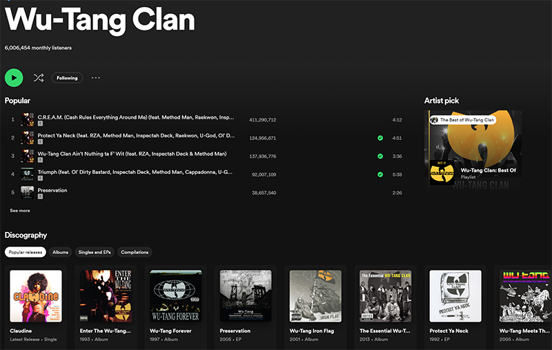 Wu Tang Clan Spotify page